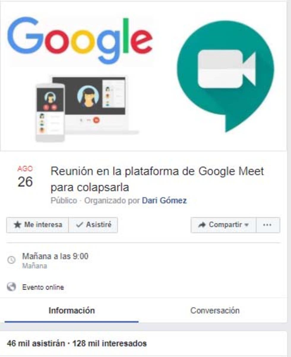 Desde Facebook, convocan a reunión para colapsar Google Meet