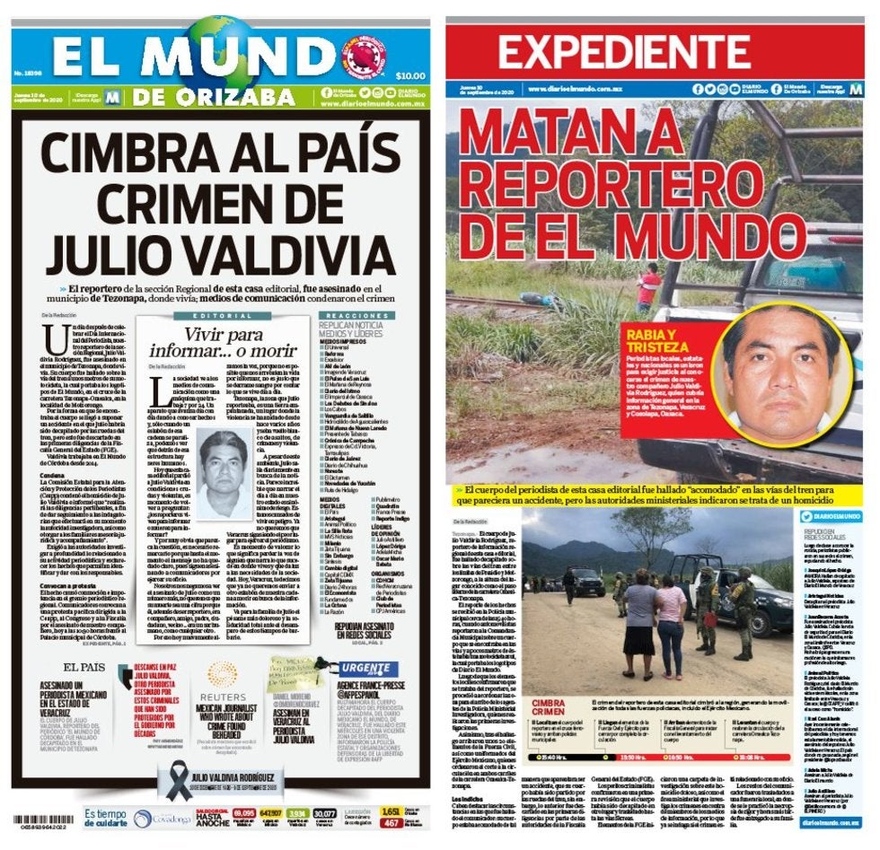 ‘El Mundo de Orizaba’ da portada al lamentable asesinato de su periodista