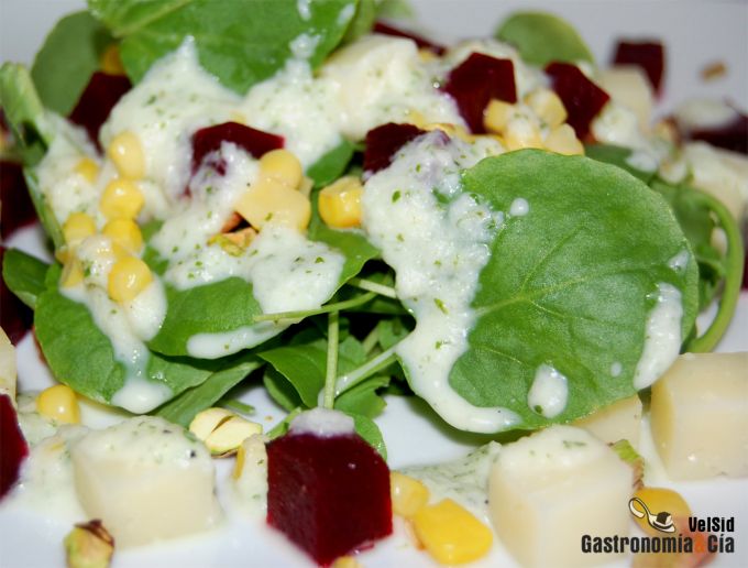 La Ensalada de berros con queso, remolacha y tzatziki es un refrescante entrante ideal para estos días. Con esta ensalada, además de ofrecer un plato veraniego, ofrecemos una rica fuente de vitaminas. La combinación de sabores de esta receta es ideal, la potencia de los berros, ese sabor picante tan característico, se ve suavizado gracias al ligero sabor dulzón del resto de los ingredientes y a la cremosidad de la salsa y del queso. Ingredientes (4 comensales) 200 gramos de berros 1 remolacha cocida 120 gramos de queso semicurado 60 gramos de maíz dulce 2 c/s de pistachos picados salsa tzatziki. Elaboración Lava y escurre bien los berros y prepara la salsa tzatziki para que vayan fusionándose los sabores. En este enlace tenéis la receta de la salsa tzatziki que resulta ideal incluso para tomar como aperitivo. Corta la remolacha cocida en dados en un plato por separado, el jugo que suelta tiñe mucho. Corta el queso en dados de tamaño similar. Pela los pistachos y rómpelos en trozos no muy pequeños, será apropiado cortarlos con un cuchillo.